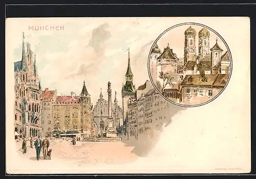 Lithographie München, Marienplatz und Frauenkirche