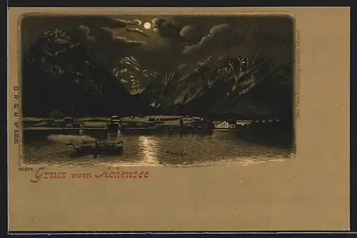 Lithographie Pertisau am Achensee, nächtlicher Blick auf den Ort, Dampfer auf dem See