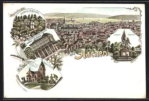 Lithographie Aachen, Gasthaus Belvedère auf dem Lousberg, Salvator Kirche