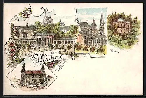 Lithographie Aachen, Lousberg, Elisenbrunnen, Rathaus