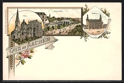 Lithographie Aachen, Dom, Elisenbrunnen, Rathhaus
