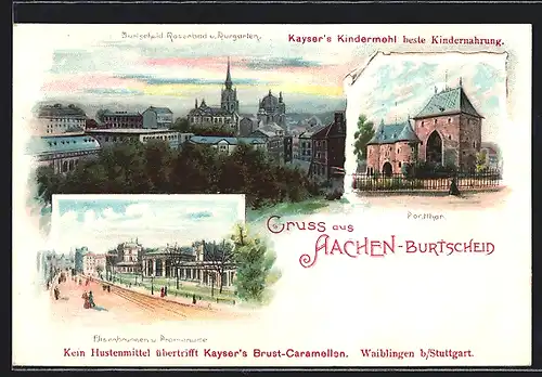 Lithographie Aachen-Burtscheid, Rosenbad u. Kurgarten, Kayser`s Hustenmittel Reklame