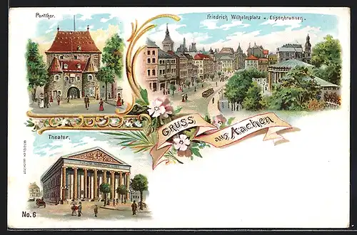 Lithographie Aachen, Pont Tor, Theater, Friedrich Wilhelmplatz