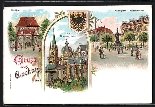 Lithographie Aachen, Dom, Thurmparthie, Kaiserplatz