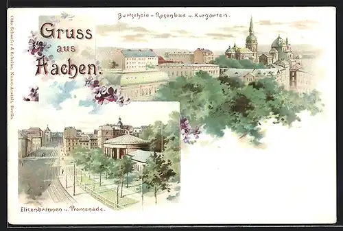 Lithographie Burtscheid, Rosenbad und Kurgarten, Elisenbrunnen und Promenade