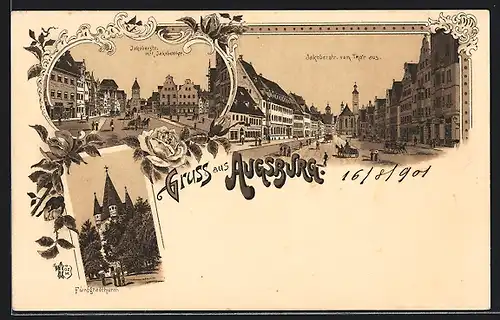 Lithographie Augsburg, Fünfgradthurm & Jakobstr. vom Tor aus & mit Jakobertor