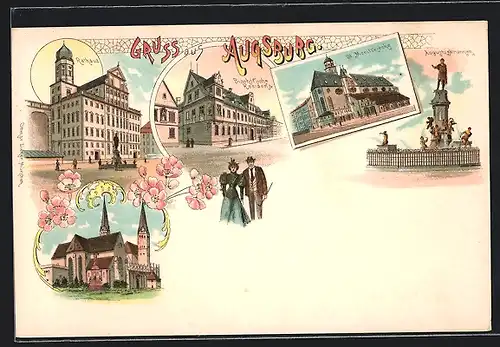 Lithographie Augsburg, Rathaus, Bischöfliche Residenz, Augustusbrunnen