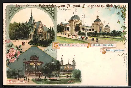 Lithographie Augsburg, Stadtgarten, Musik-Pavillon bei Nacht, Cafe-Haus