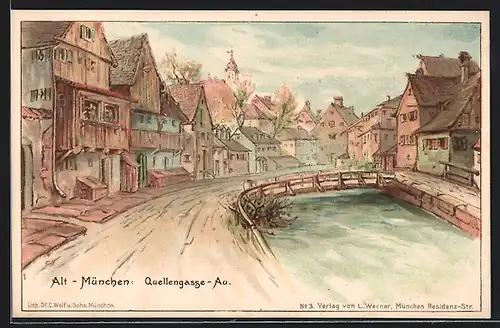 Lithographie München-Au, Häuser an der Quellengasse