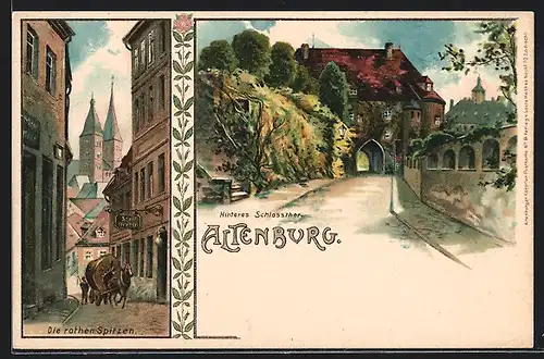 Lithographie Altenburg, Hinteres Schlosstor, die roten Spitzen, Pferdegespann