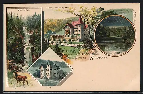 Lithographie Altenau, Hotel-Pension Waldgarten, Villa, Wasserfall