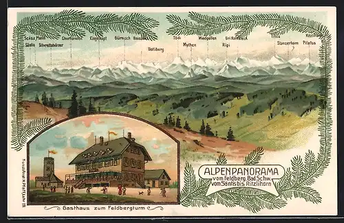 Lithographie Feldberg, Gasthaus zum Feldbergturm, Gebirgskette