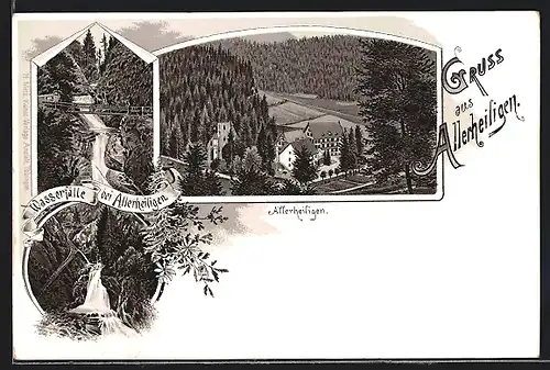 Lithographie Allerheiligen, Ortsansicht aus der Vogelschau, Wasserfälle