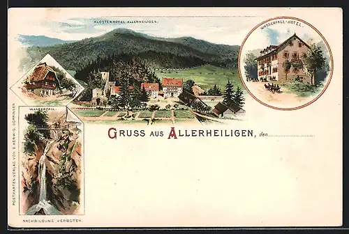 Lithographie Lierbach, Klosterhotel Allerheiligen, Wasserfall-Hotel