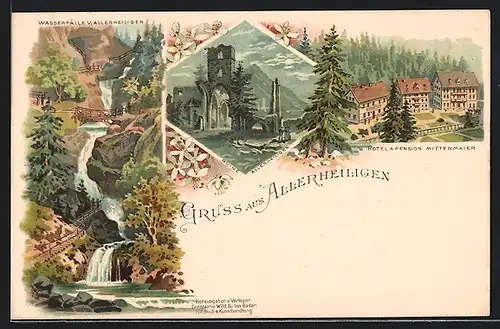 Lithographie Allerheiligen, Hotel & Pension Mittenmaier, Wasserfälle, Ruine