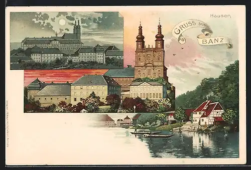 Lithographie Staffelstein, Hausen, Seepartie mit Ruderbooten, Kirche