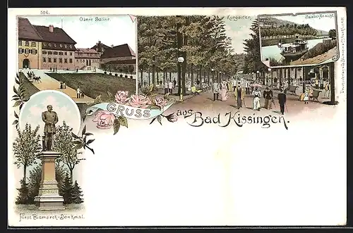 Lithographie Bad Kissingen, Obere Saline, Bismarck-Denkmal, Kurgarten
