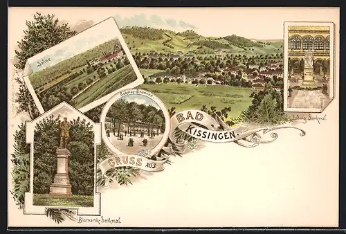 Lithographie Bad Kissingen, Totalansicht, Saline, Rakoczy-Brunnen & Bismarck-Denkmal