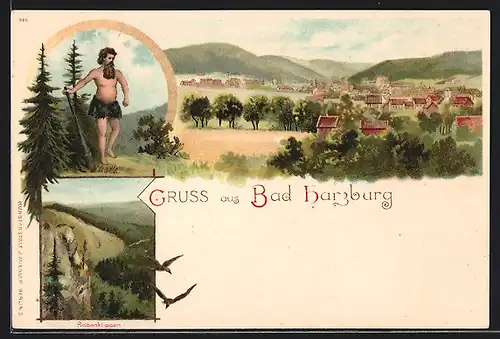 Lithographie Bad Harzburg, Blick zum Ort, Rabenklippen, Mann mit Keule