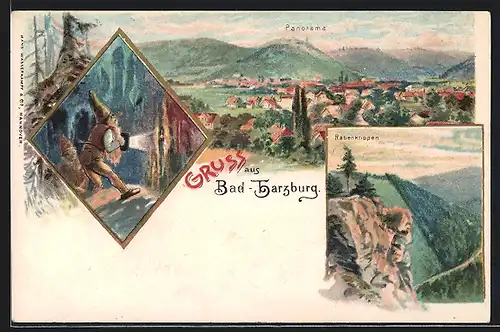 Lithographie Bad Harzburg, Zwerge leuchten den Weg, Rabenklippen