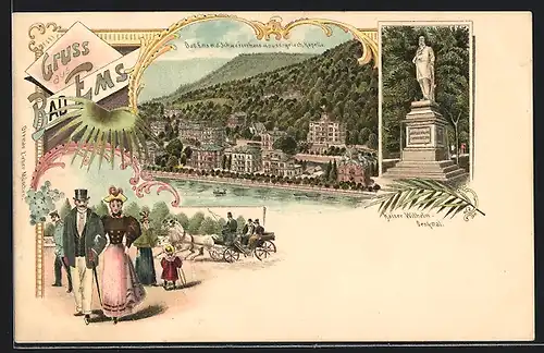 Lithographie Bad Ems, Totalansicht mit Kaiser Wilhelm-Denkmal