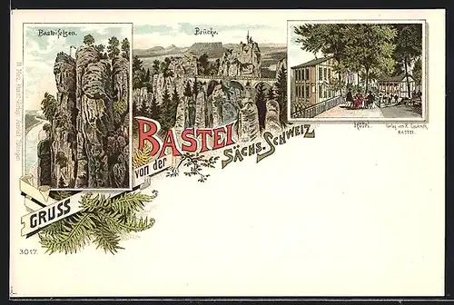 Lithographie Bastei, Hotel mit Garten, Brücke, Basteifelsen