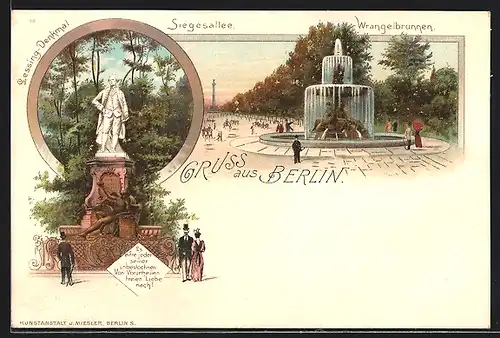 Lithographie Berlin-Tiergarten, Lessing-Denkmal, Siegesallee und Wrangelbrunnen