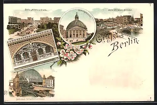 Lithographie Berlin-Kreuzberg, Belle Alliance Platz, Bahnhof Friedrichstrasse, Hedwigskirche, Behrenstrasse