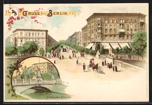 Lithographie Berlin-Tiergarten, Lützowplatz mit Cafe Albrechtshof, Herkules-Brücke