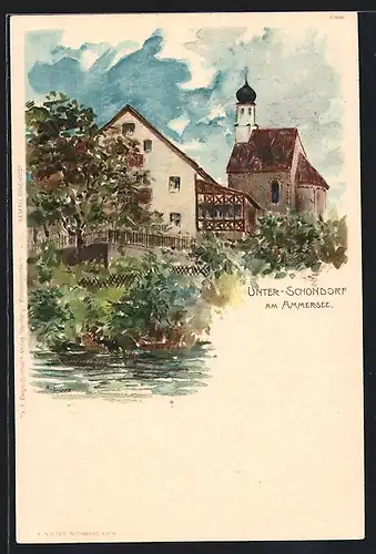 Künstler-AK Unter-Schondorf am Ammersee, Flusspartie mit Blick zum Ort