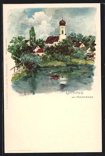 Lithographie Utting a. Ammersee, Ortsansicht mit Kirche vom Wasser aus gesehen