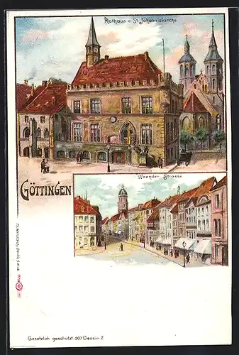 Lithographie Göttingen, Rathaus und St. Johanniskirche, Weender Strasse