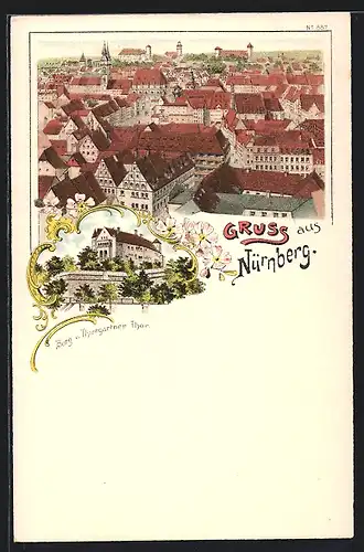 Lithographie Nürnberg, Totalansicht, Burg vom Thiergärtner Thor