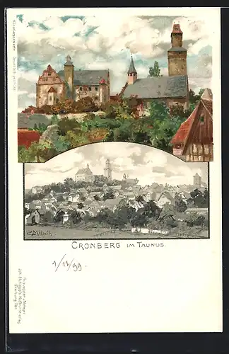 Künstler-AK Carl Münch: Cronberg im Taunus, Teilansicht, Ortspartie mit Kirche