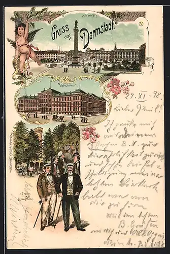 Lithographie Darmstadt, Turm und Gasthaus auf der Ludwigshöhe, Luisenplatz, Polytechnikum