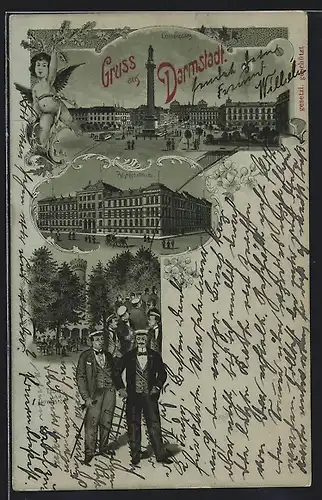 Lithographie Darmstadt, Luisenplatz, Polytechnikum, Thurm auf der Ludwigshöhe