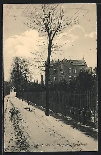 AK Reinbeck, St. Adolf-Stift mit Strassenpartie im Winter