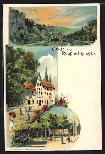 Lithographie Rupprechtstegen, Gasthaus, Garten