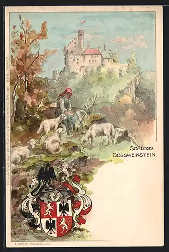 Künstler-Lithographie Schloss Gössweinstein, Idyll mit Schäferin, Wappen
