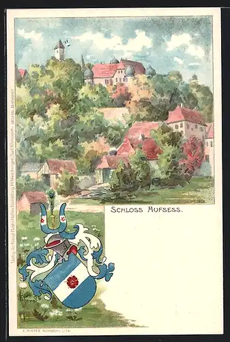 Lithographie Aufsess, Schloss Aufsess und Ritterhelm mit Wappen