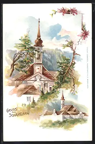 Lithographie Schäftlarn, Ortsansicht und Kloster