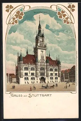 Lithographie Stuttgart, Neues Rathaus, Kutsche