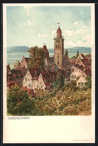 Künstler-AK Überlingen, Ortsansicht mit Kirche