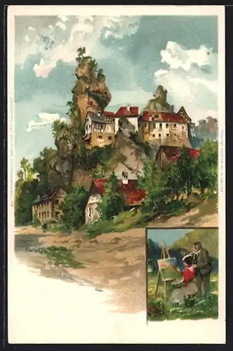Künstler-AK Tüchersfeld, Ortsansicht mit markanten Felsen, Malerin an Staffelei