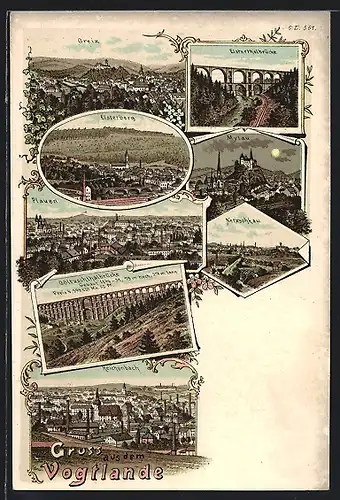 Lithographie Greiz, Panorama, Mylau bei Nacht, Elsterthalbrücke und Plauen