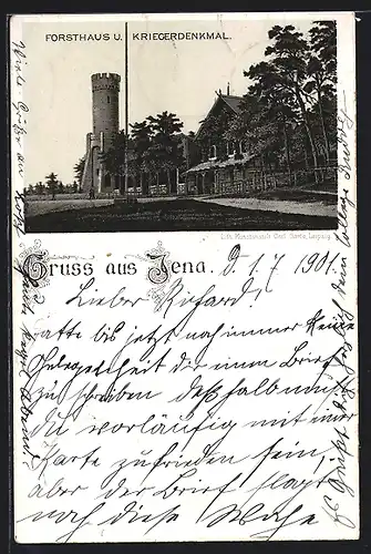Lithographie Jena, Forsthaus und Kriegerdenkmal
