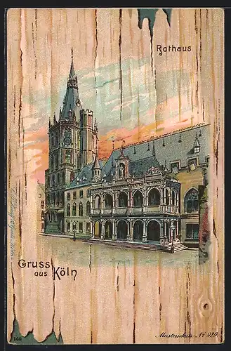 Künstler-AK Köln, Ansicht vom Rathaus auf Baumrinde