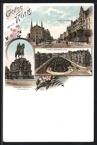Lithographie Köln-Neustadt, Blick auf Hohenzollern-Ring, Denkmal Friedrich Wilhelm III. u. Partie am Kaiser Wilhelm Ring