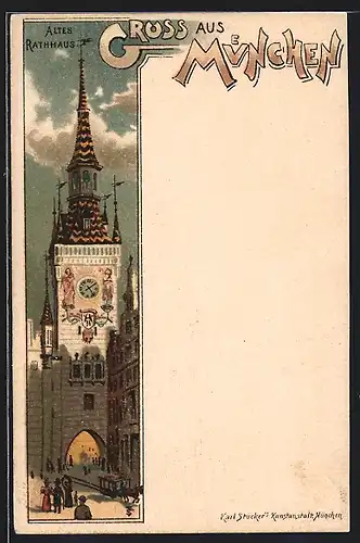 Lithographie München, Ansicht vom alten Rathaus