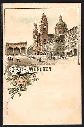 Lithographie München, Strassenpartie vor der Theatinerkirche